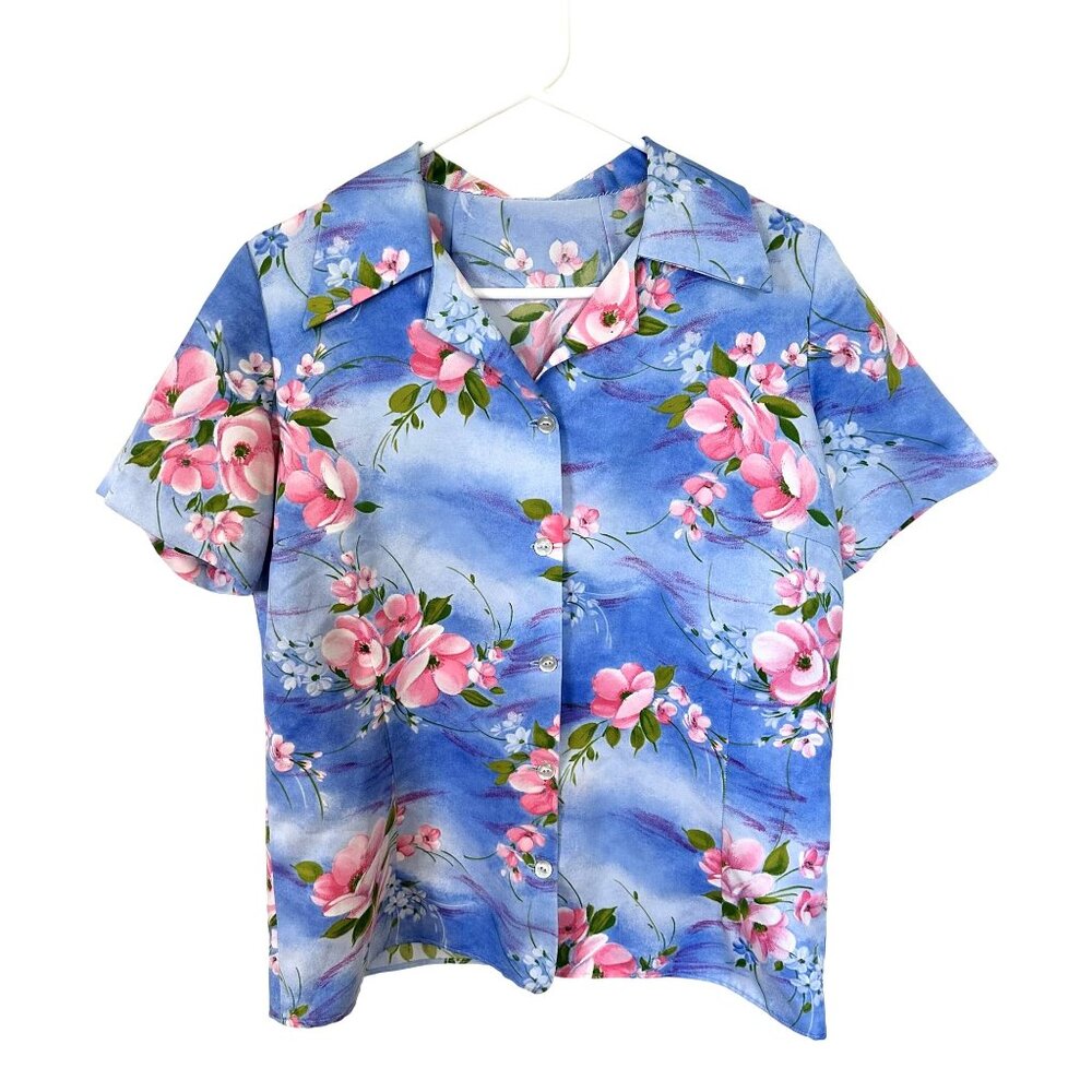 Vtg Womens 1980s Shirt Floral Short Sleeve Button Up Blouse Blue Hawaiian Mom